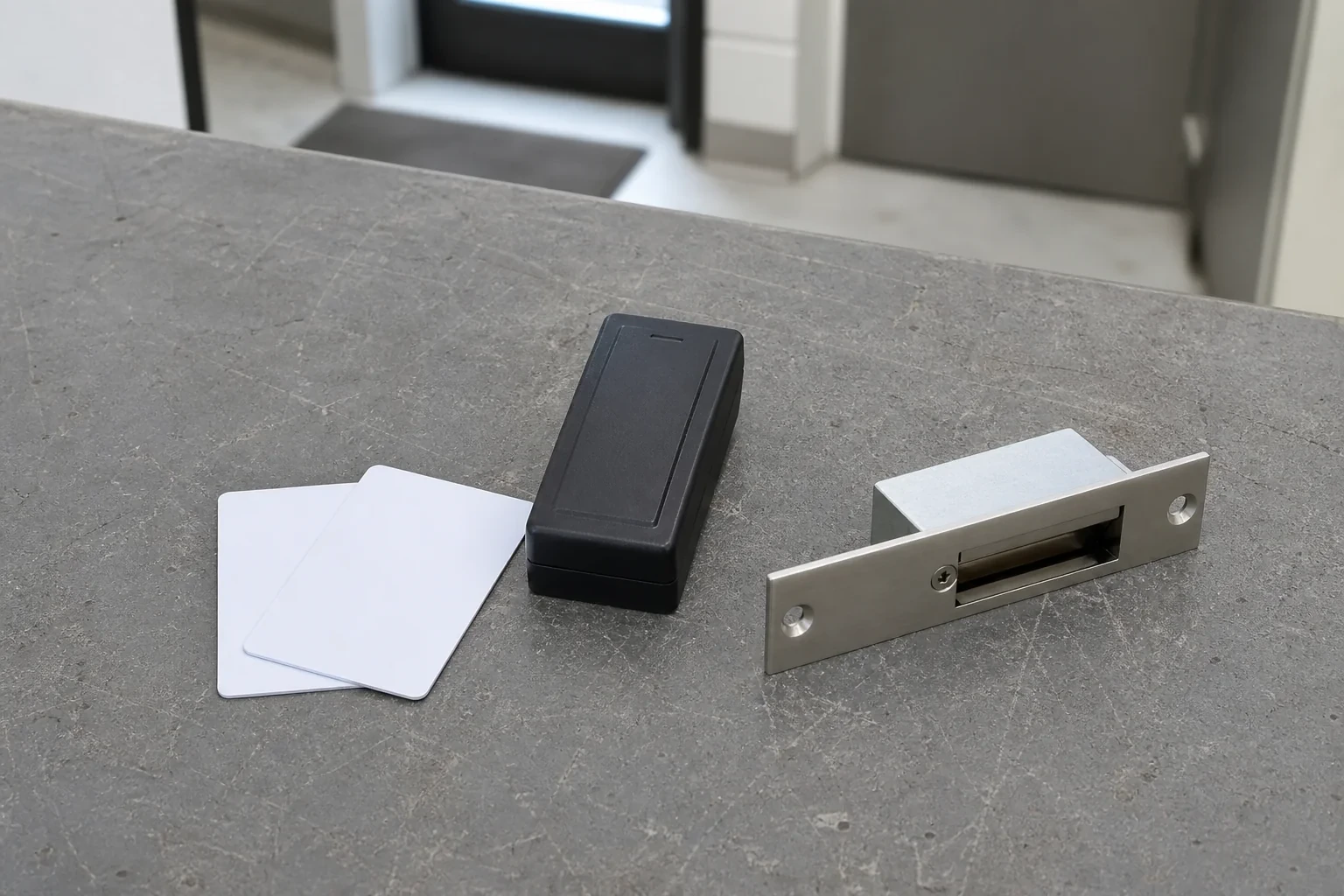 Detached card reader, two plain cards and an electric-strike component on a service bench.