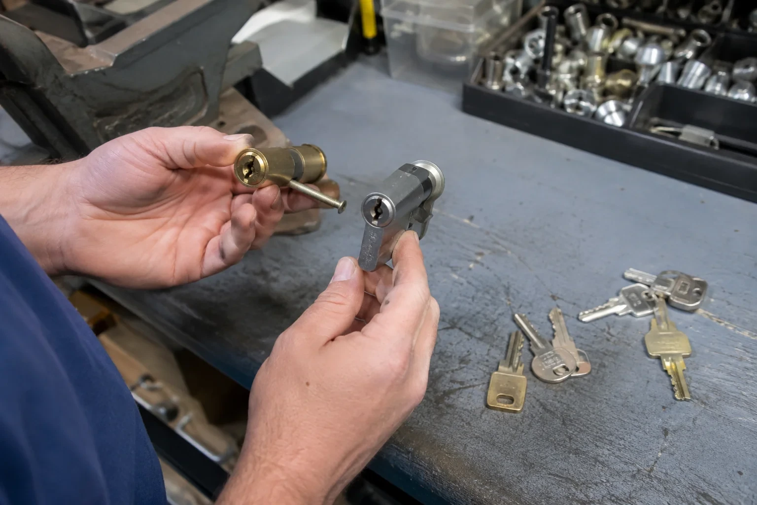 Hands comparing detached lock cylinders beside loose keys on a workbench.