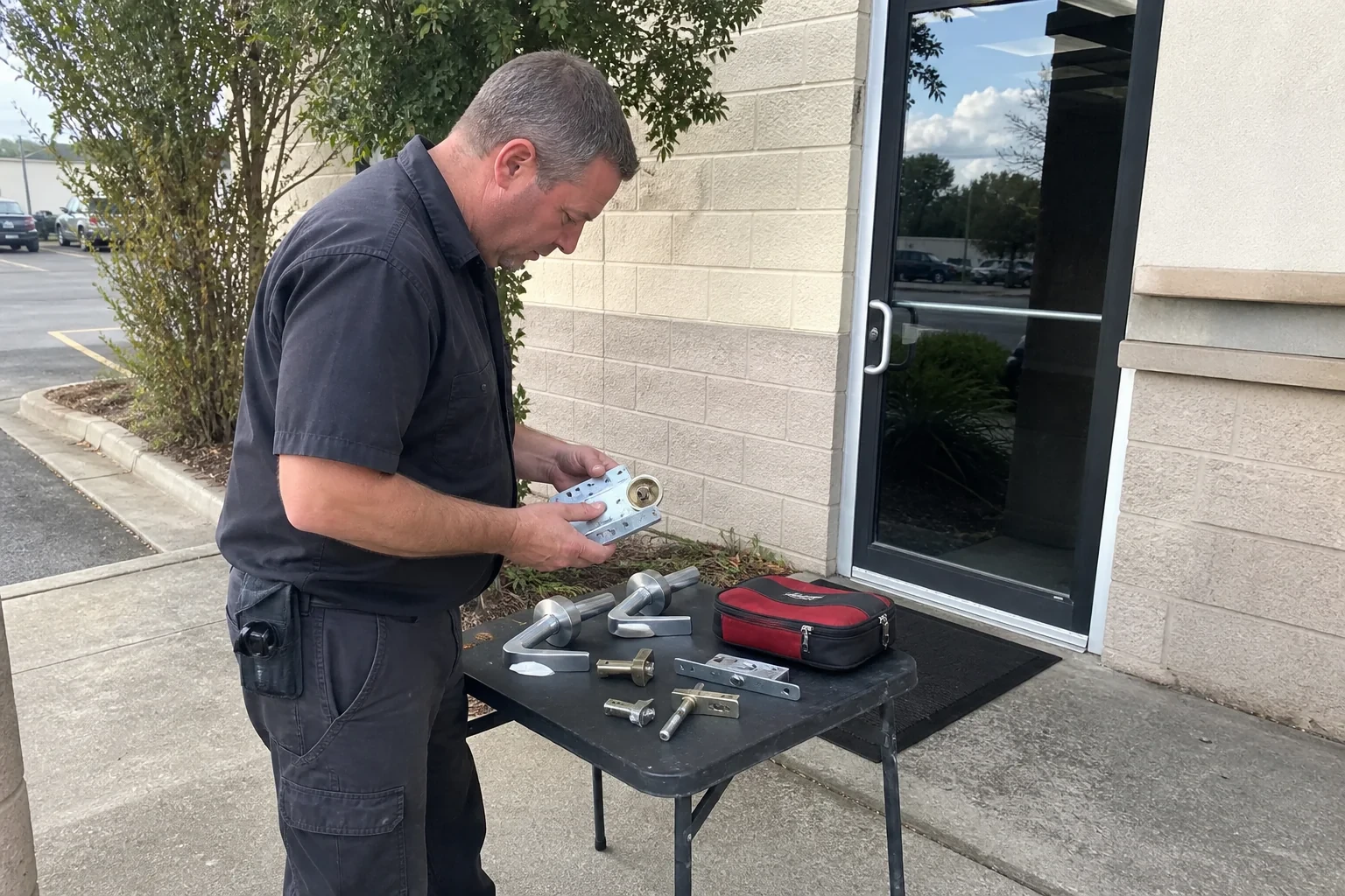 Technician examining detached commercial lock hardware on a table outside a shop entrance.