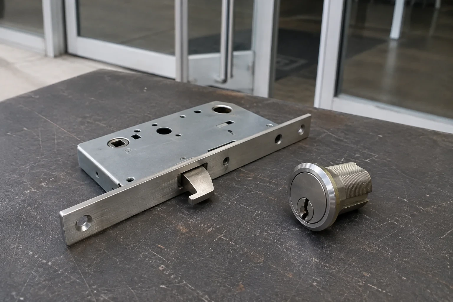 Detached mortise lock body with a projecting hook-shaped bolt beside a threaded cylinder.