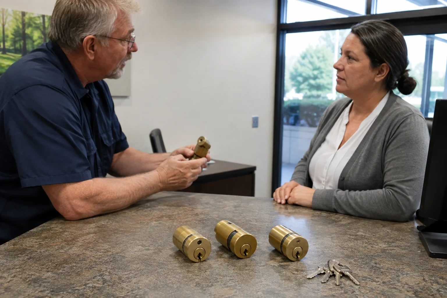 Technician and office manager discussing detached lock cylinders and keys at a counter.
