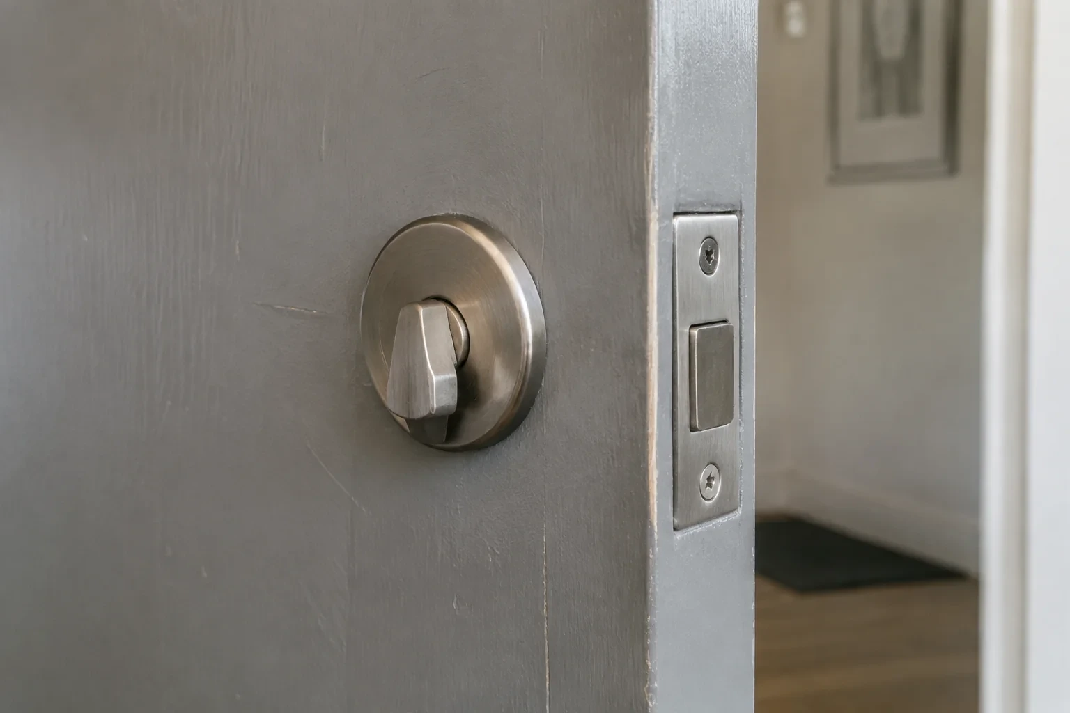Close view of a satin-nickel deadbolt thumbturn and edge faceplate on a painted timber door.