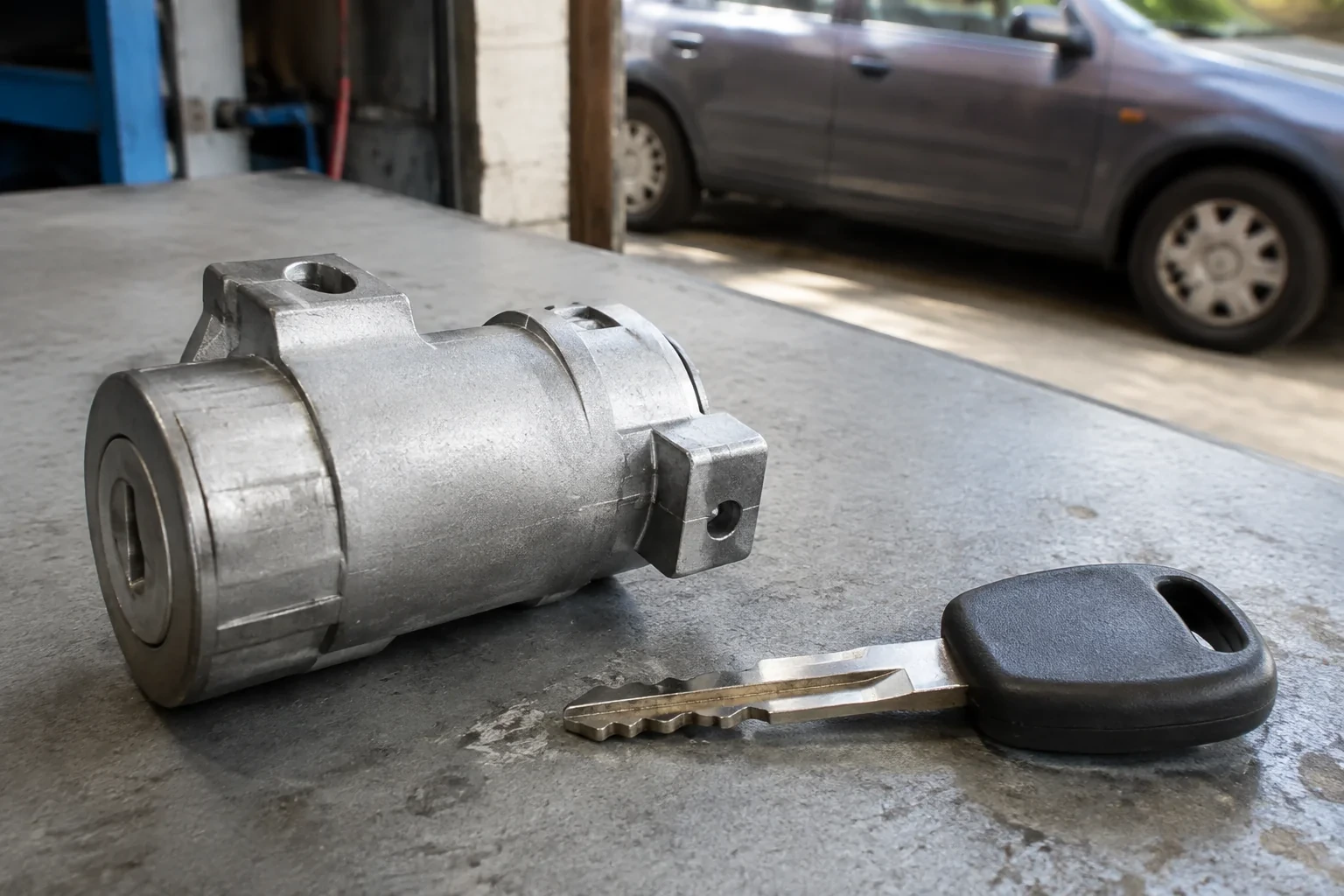 Detached cylindrical lock housing and black-headed key on an automotive workbench.