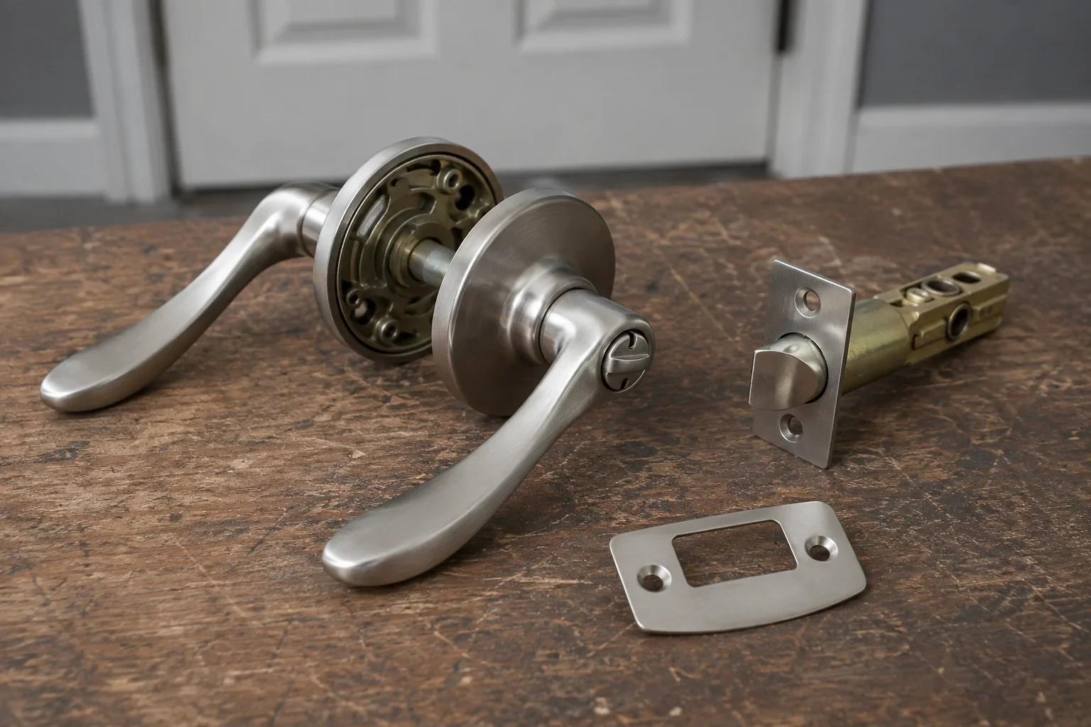 Detached satin-nickel lever hardware, tubular latch and strike plate on a wooden workbench.