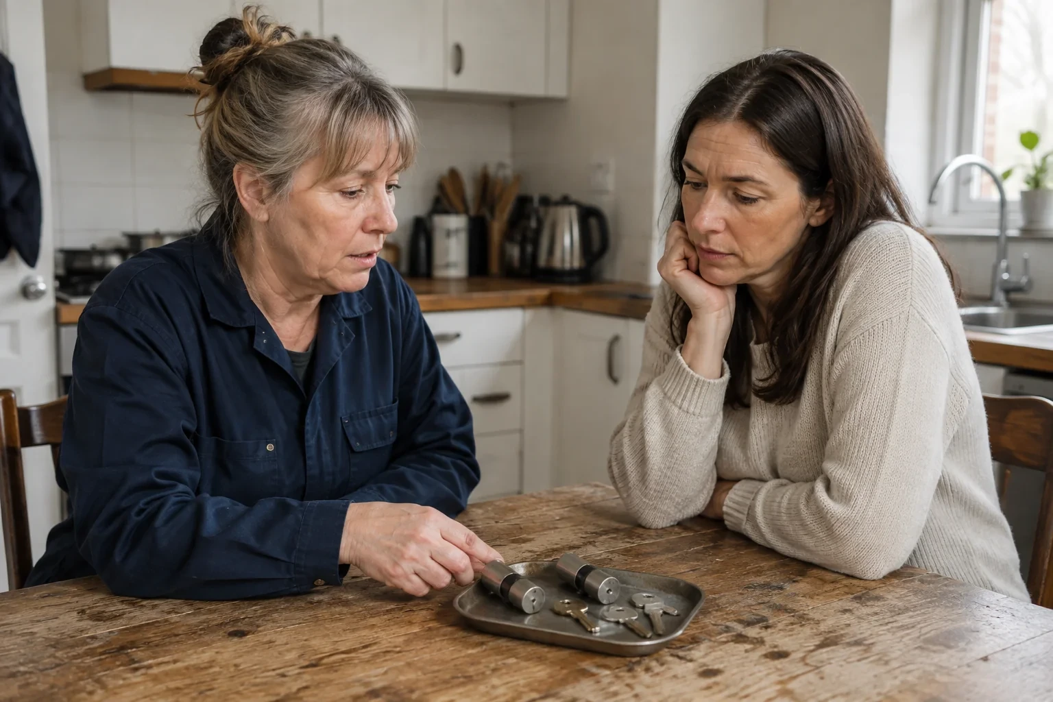 Two adults discussing lock cylinders and keys on a tray at a kitchen table.