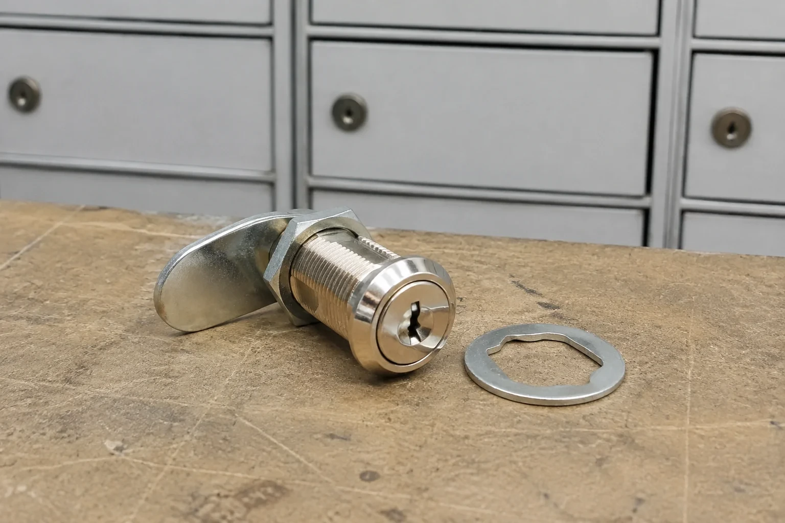 Detached threaded cam lock and mounting washer on a workbench in front of closed mail compartments.