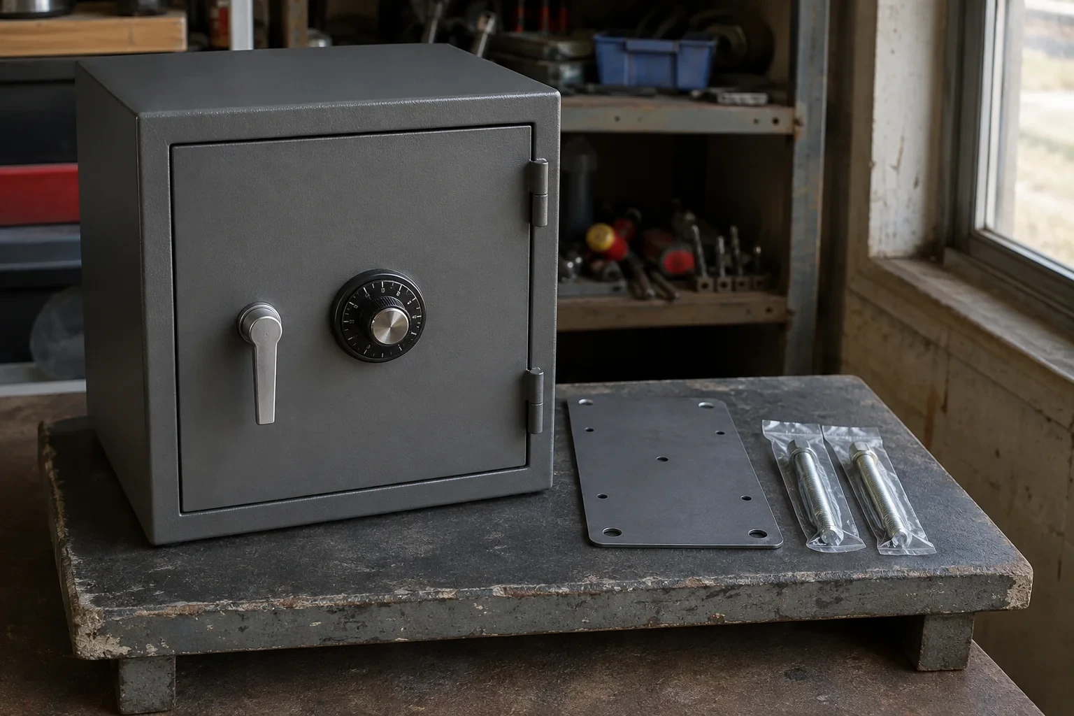 Closed small safe beside a metal plate and packaged fasteners on a workshop bench.