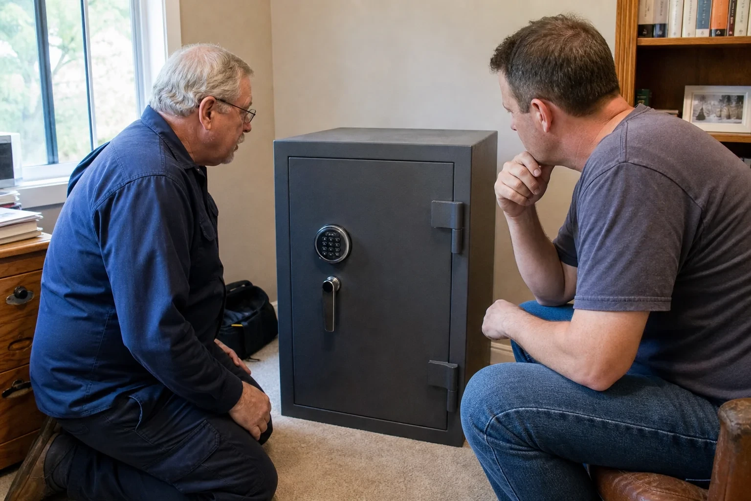 Two adults discussing a closed keypad safe in a home study.