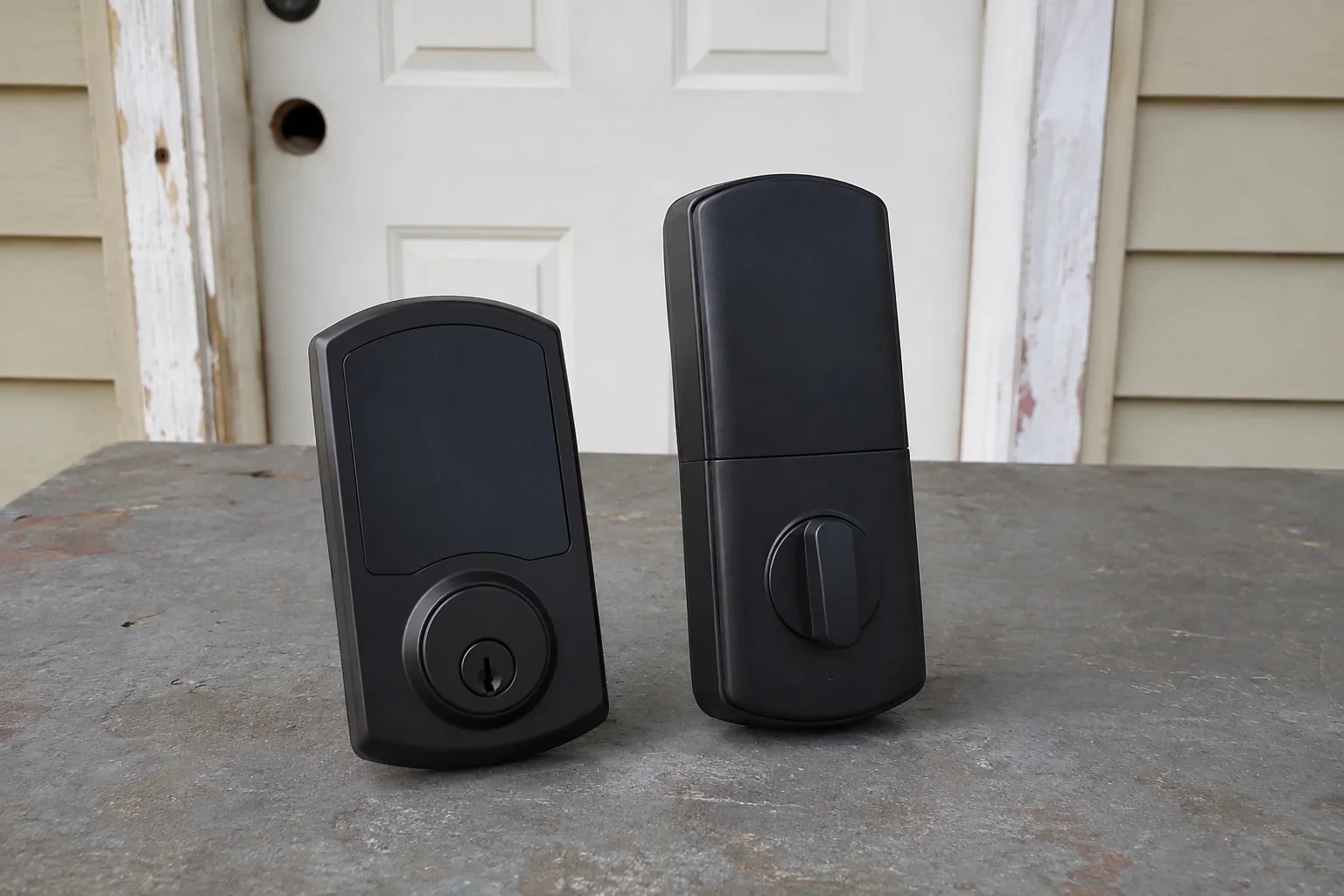 Detached electronic deadbolt exterior unit and interior thumbturn housing on a service bench.