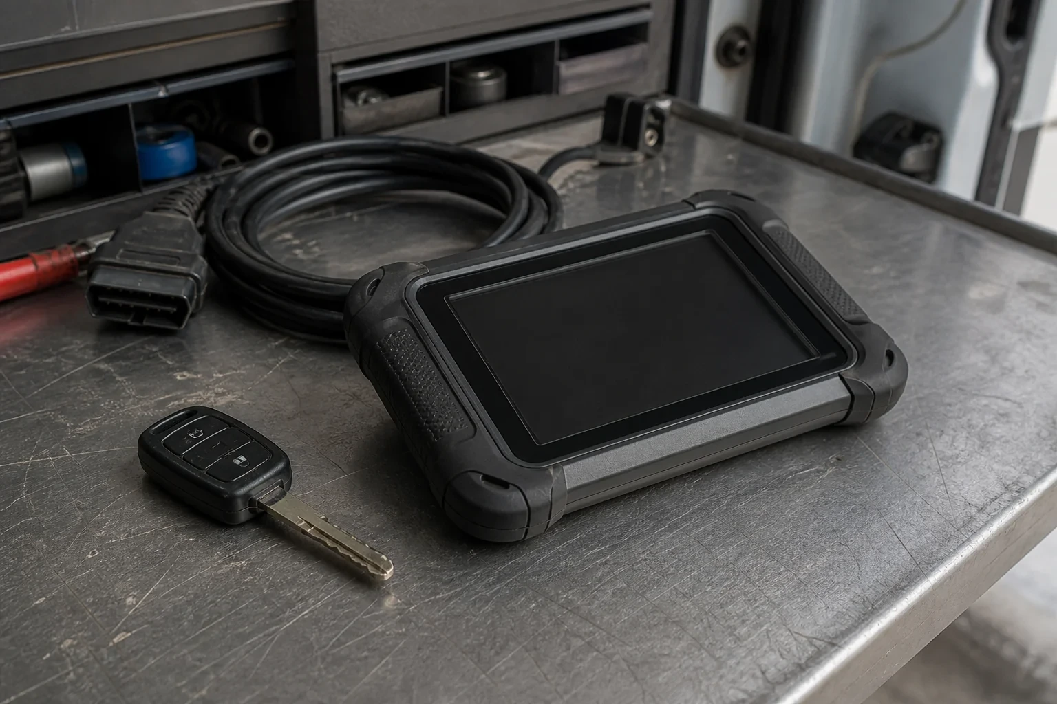 Vehicle key beside a dark diagnostic tablet and coiled connector cable on a workbench.